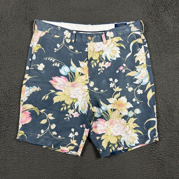 Polo Ralph Lauren Shorts Mens 34 Blue Floral Linen Blend Chino Hawaiian Preppy - Picture 1 of 14